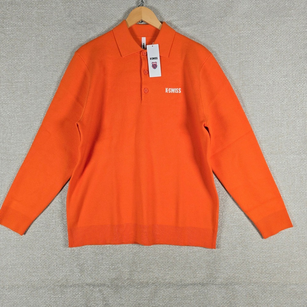 K-Swiss Mens Long Sleeve Polo Sweater L‎ Orange Knit Logo 1013160-835-L NWT